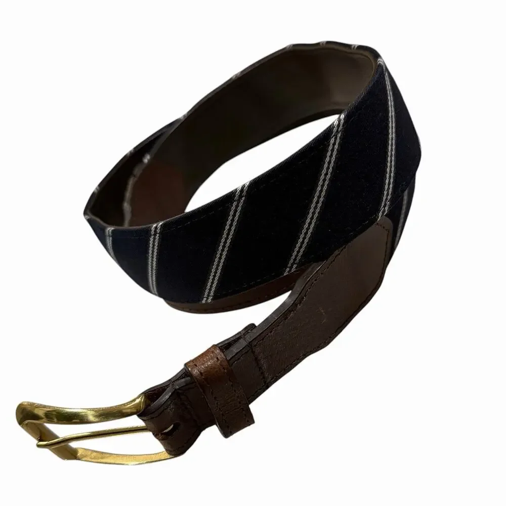 F.H. Wadsworth NYC Brass Brown Leather Belt Wool Navy Blue White Stripes 38